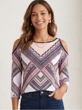 JM Collection Pink and White Cut-Out Blouse